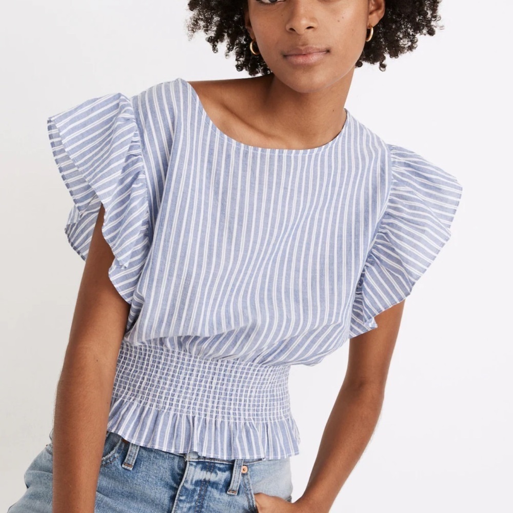Madewell Flutter-Sleeve Smocked Top Blue Stripe M